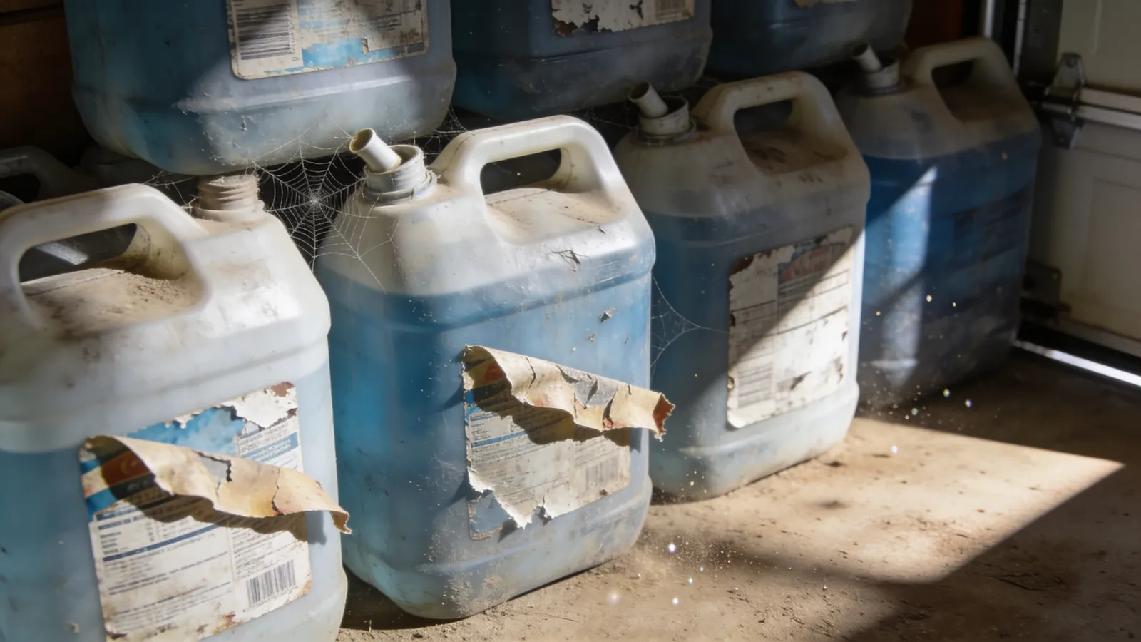 Old dusty plastic water jugs in a hot garage corner with faded labels